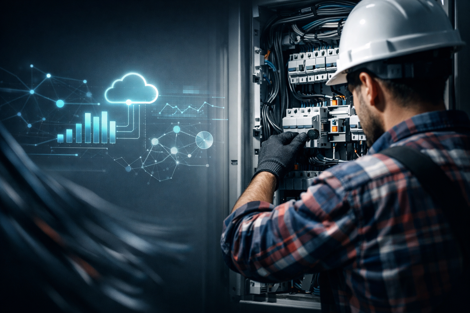 Photorealistic cinematic scene for a 169 hero banner right side shows a professional electrician in a hard hat and plaid shirt face obscured gloved ha Photorealistic cinematic scene for a 169 hero banner right side shows a professional electrician in a hard hat and plaid shirt face obscured gloved ha